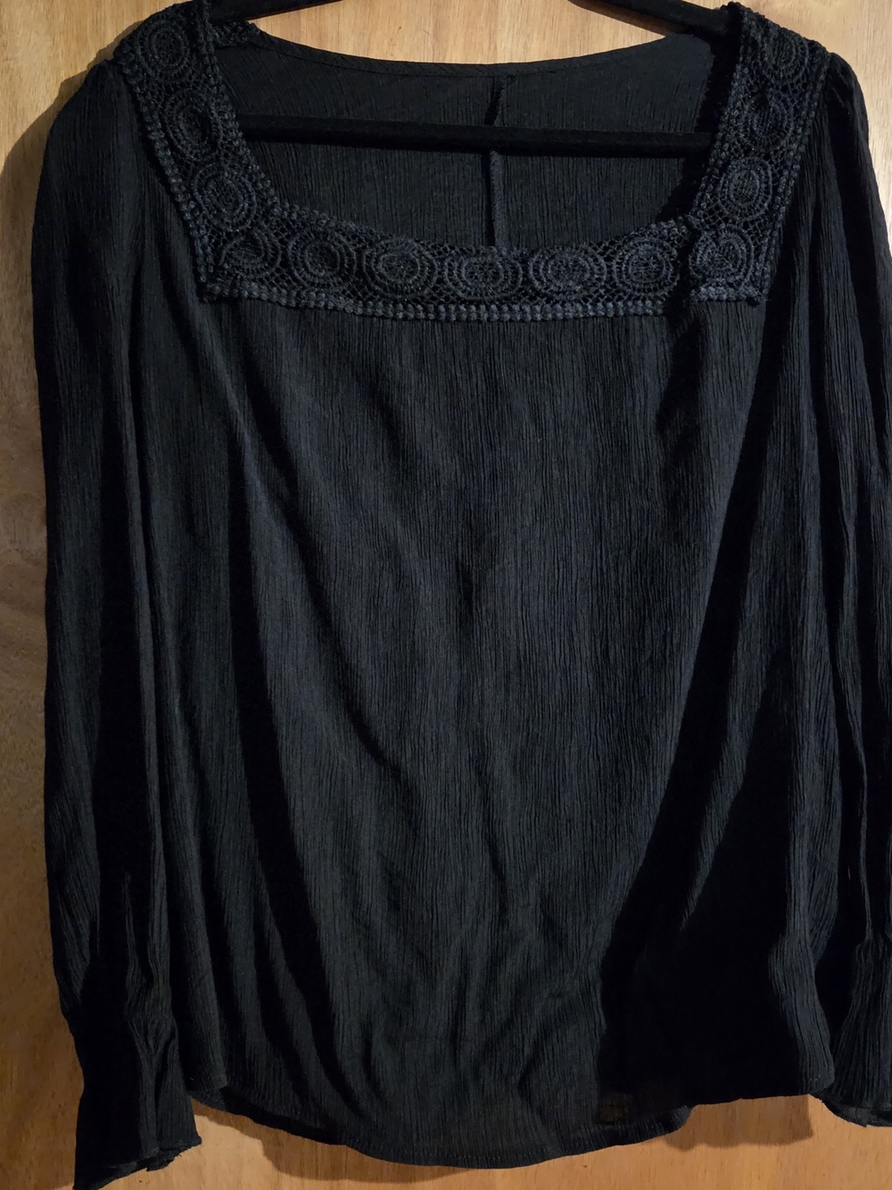 Black Long-Sleeve Boho Blouse with Crochet Trim